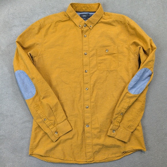 Jules Button Down Shirt Womens L Mustard Yellow Elbow Patch Slim Fit Flecked — photo 2
